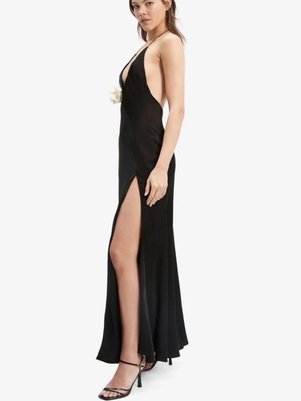 Bardot Black Backless Slip Gown with Cream Floral Detail - Picture 2 of 4